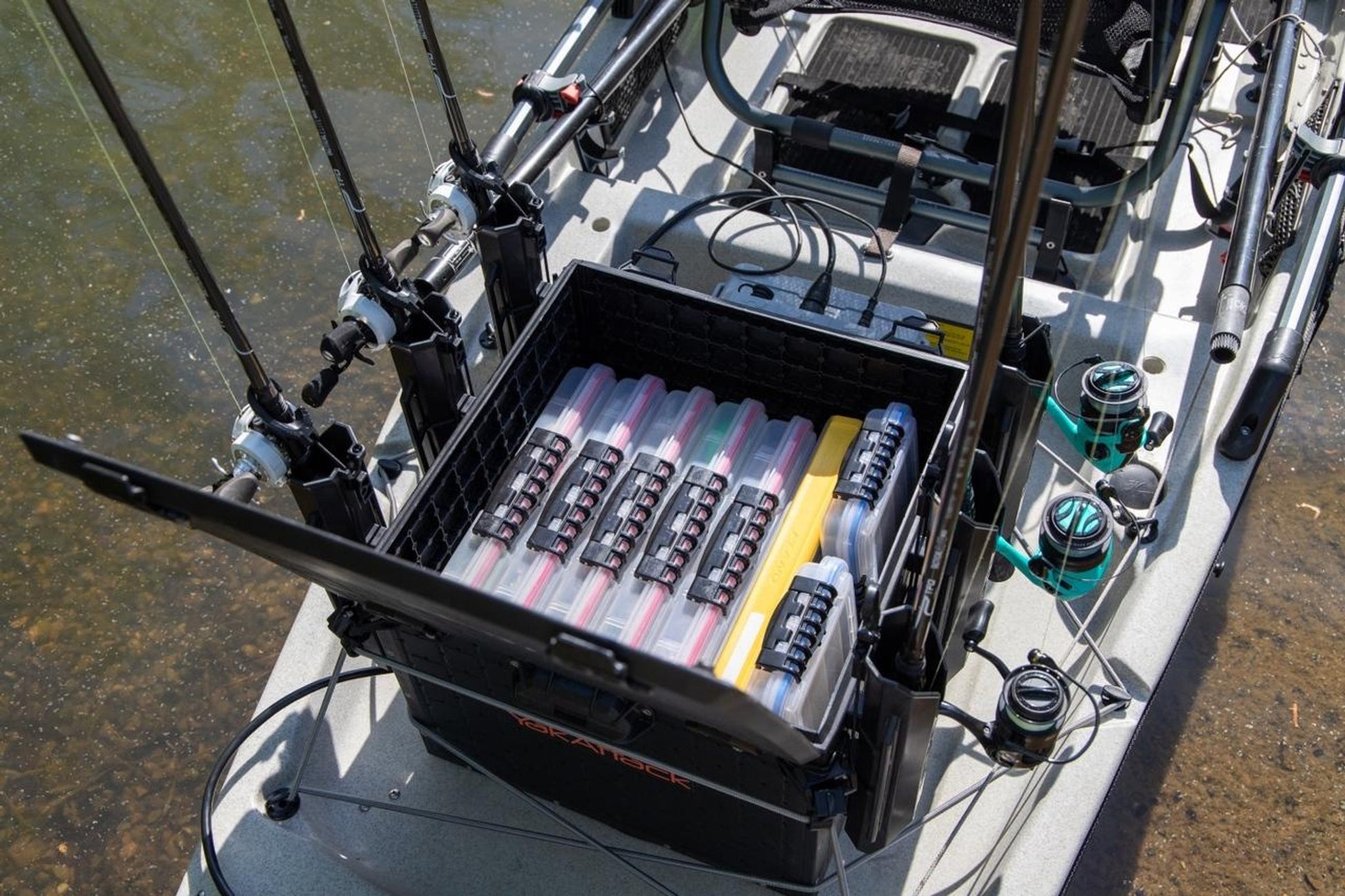 fishing crate with rod holders YakAttack BlackPak Pro Kayak Fishing Crate